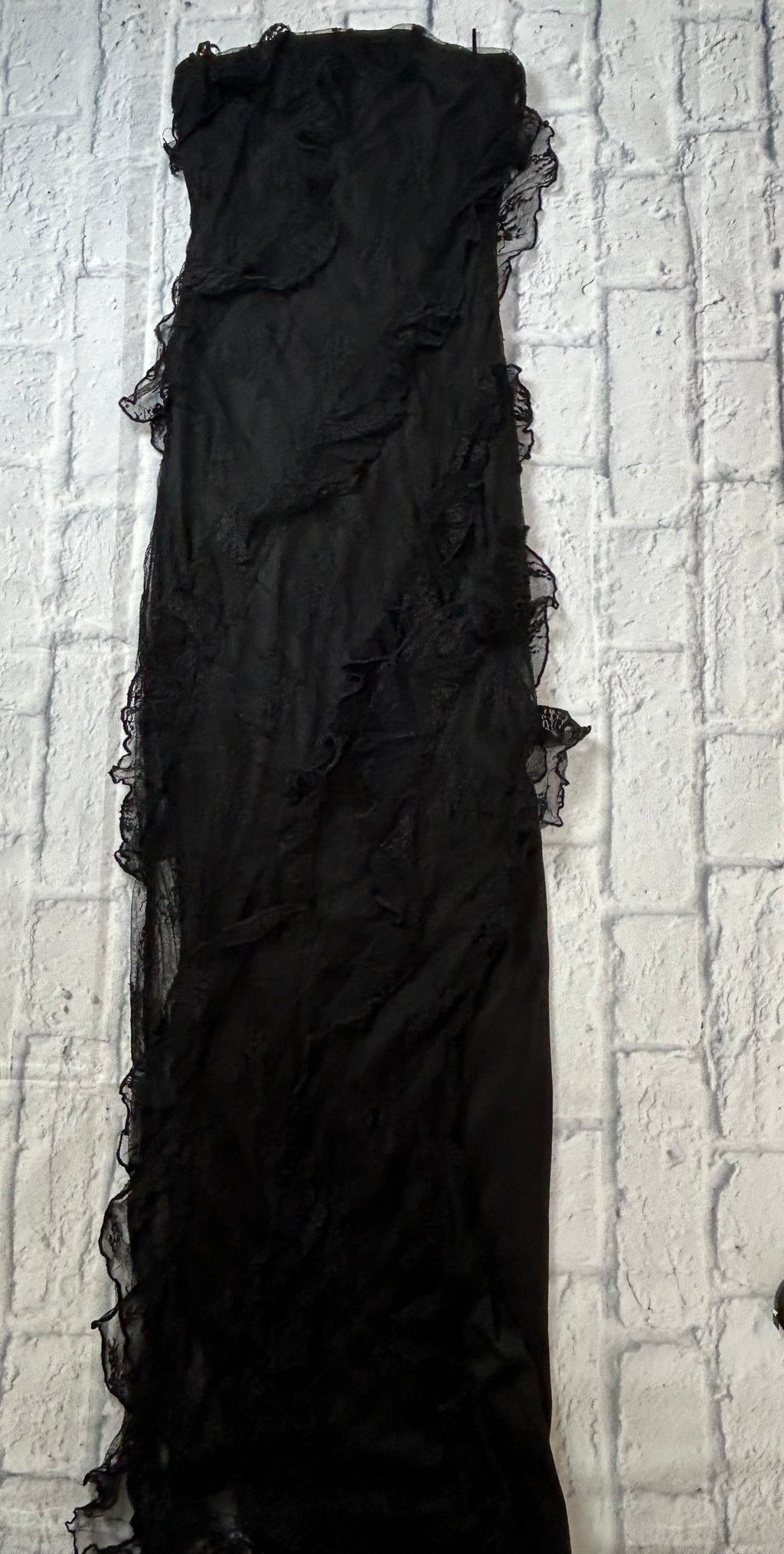 Paris Hilton Lace Strapless Ruffle Slit Maxi Dress - Black - Size S