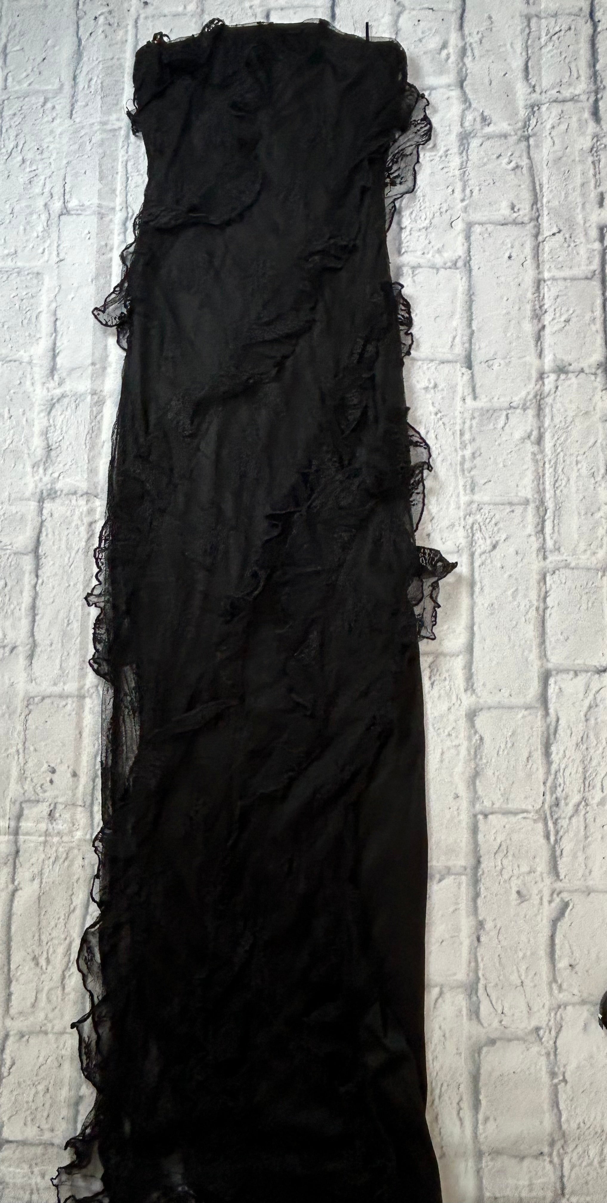 Paris Hilton Lace Strapless Ruffle Slit Maxi Dress - Black - Size S