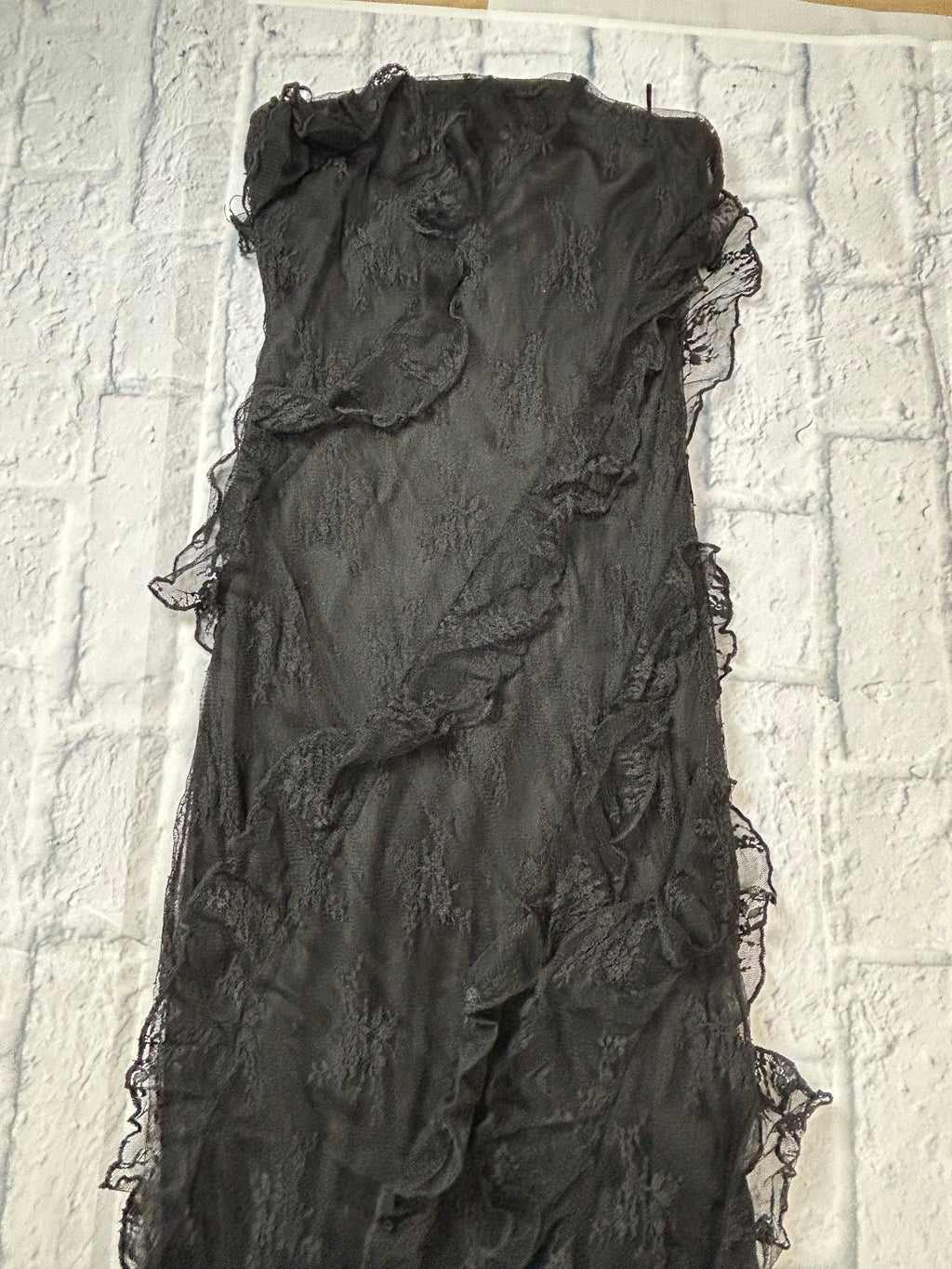 Paris Hilton Lace Strapless Ruffle Slit Maxi Dress - Black - Size S