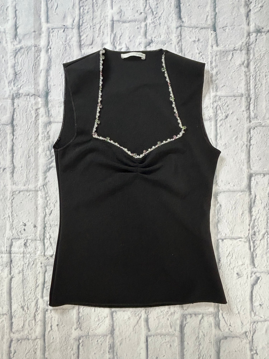 Zara Sleeveless Black Top - Pearl & Crystal Ruched Sweetheart Neckline - Size S
