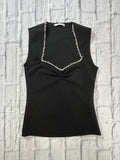Zara Sleeveless Black Top - Pearl & Crystal Ruched Sweetheart Neckline - Size S