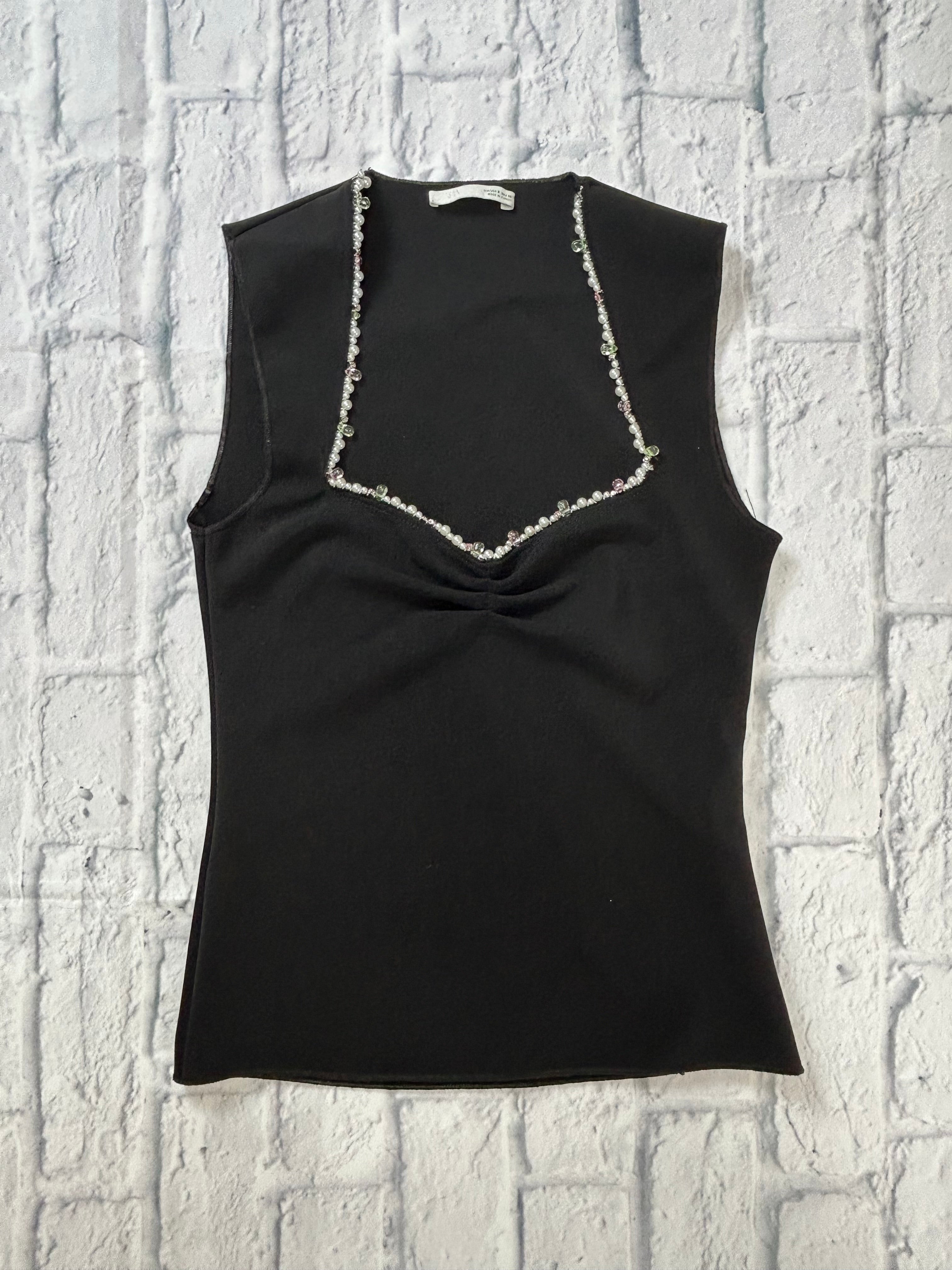 Zara Sleeveless Black Top - Pearl & Crystal Ruched Sweetheart Neckline - Size S