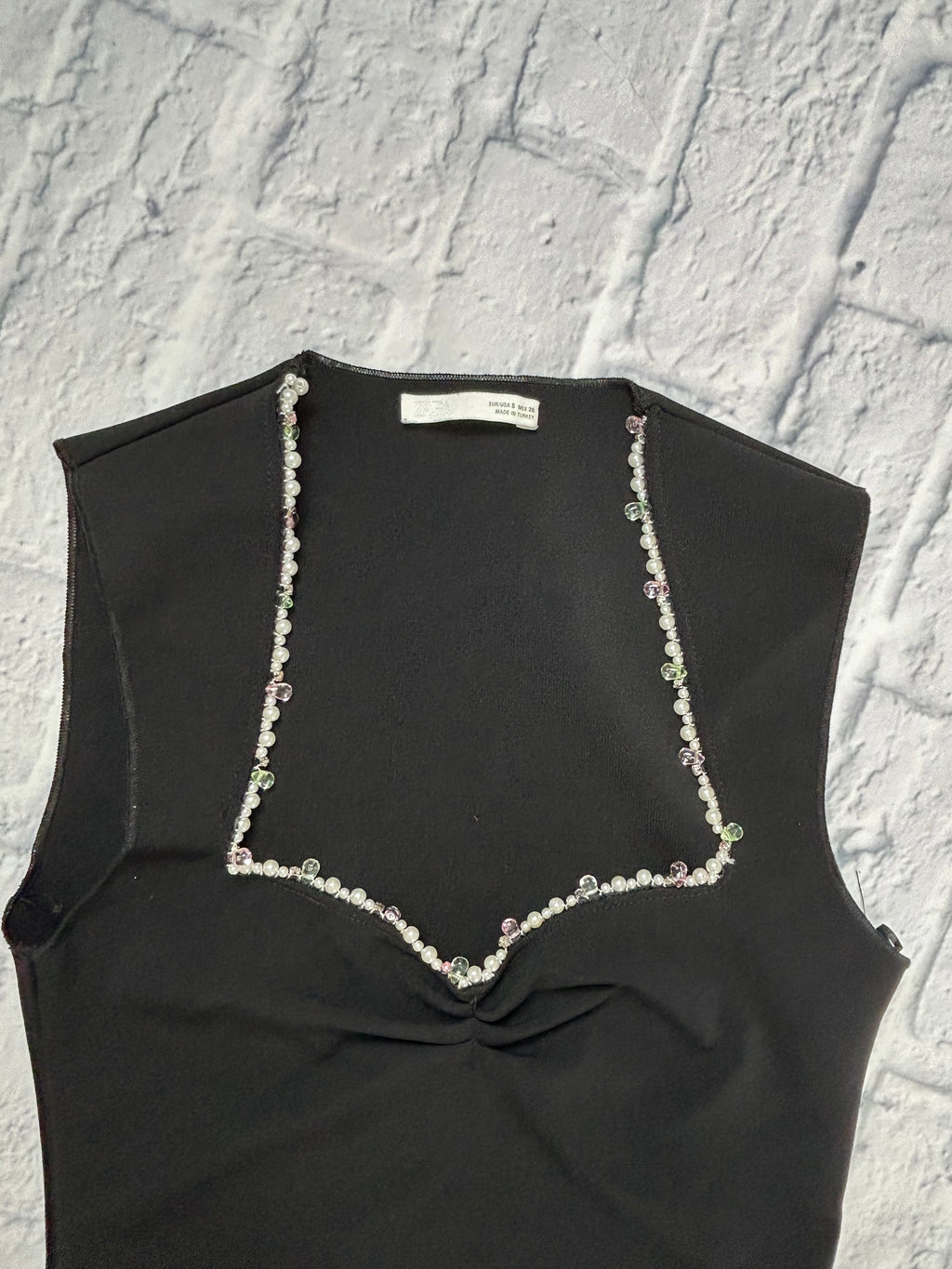 Zara Sleeveless Black Top - Pearl & Crystal Ruched Sweetheart Neckline - Size S