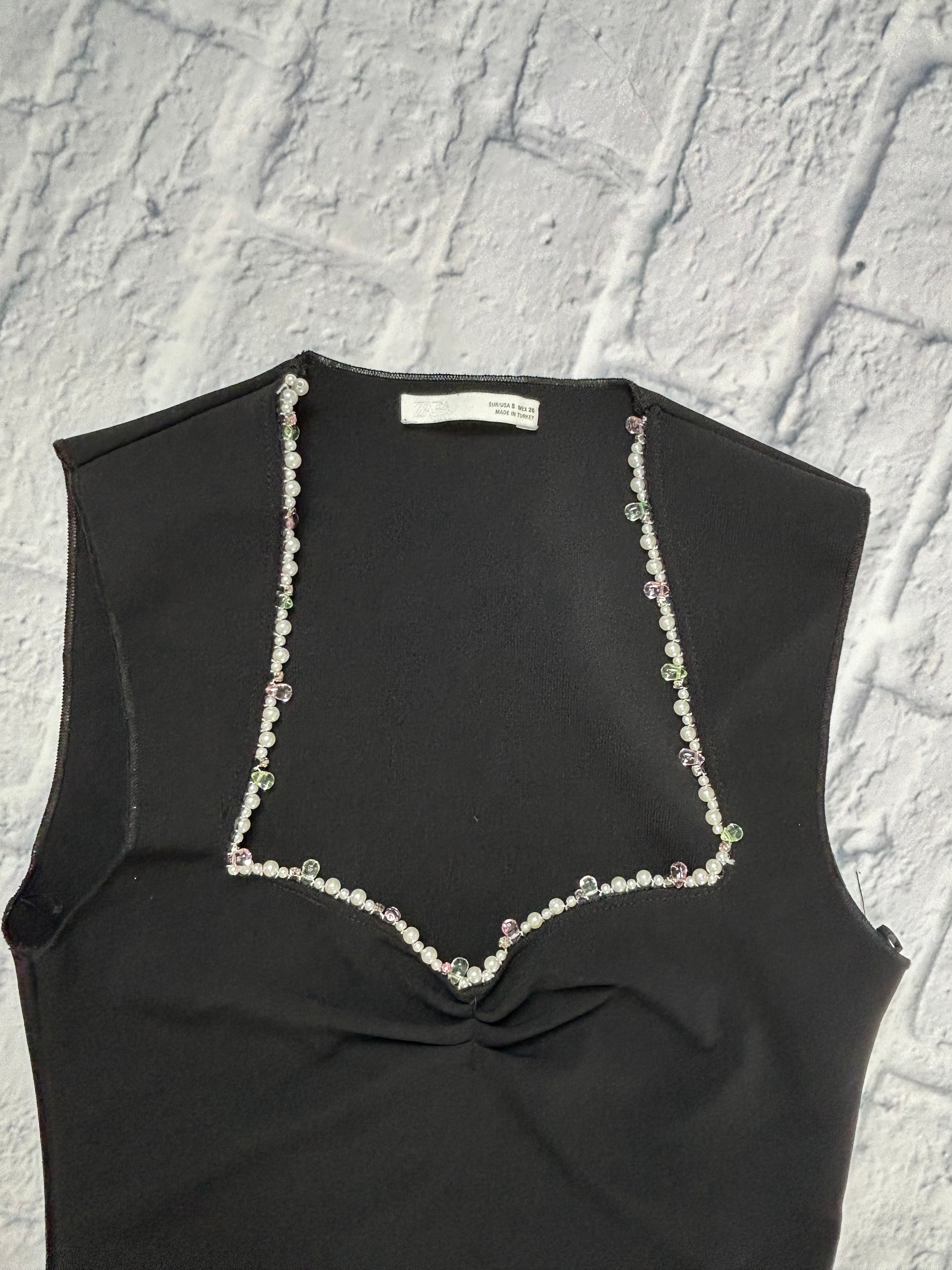 Zara Sleeveless Black Top - Pearl & Crystal Ruched Sweetheart Neckline - Size S