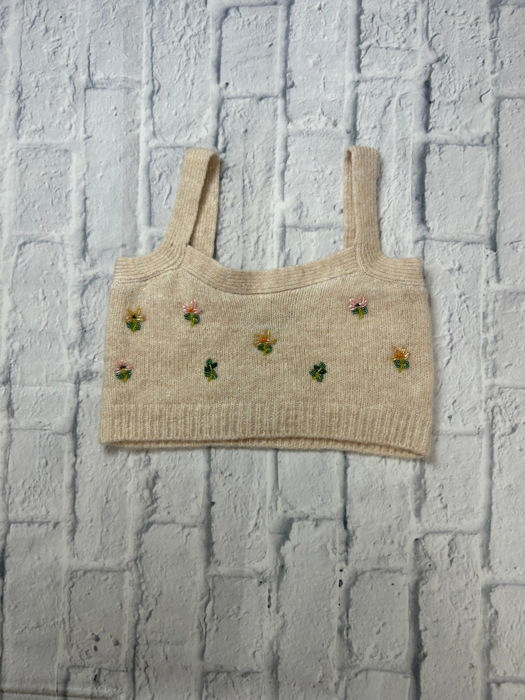 Zara Blend Knit Crop Camisole - Cream Floral Beading - Fits XS/S