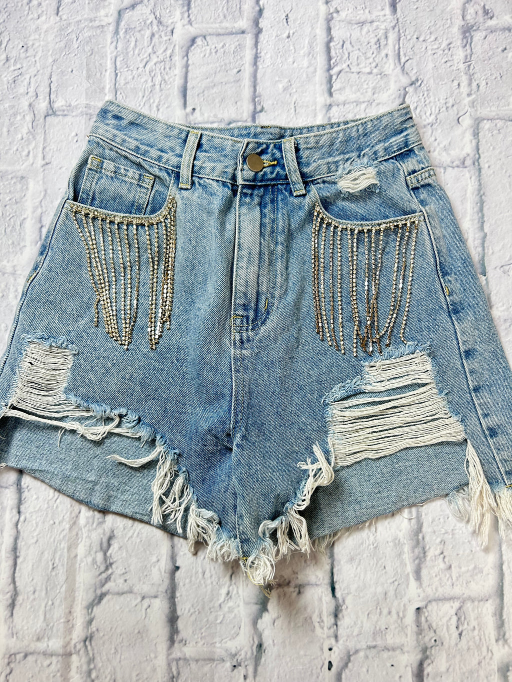 Cider Rhinestone Fringe Distressed Denim Shorts - Light Wash - Size XS