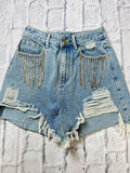 Cider Rhinestone Fringe Distressed Denim Shorts - Light Wash - Size XS