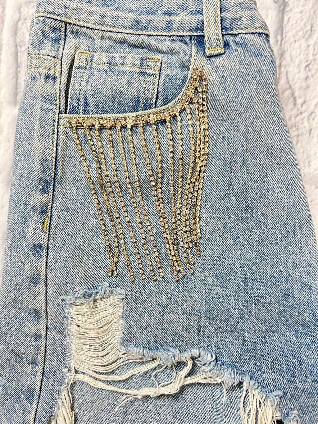 Cider Rhinestone Fringe Distressed Denim Shorts - Light Wash - Size XS