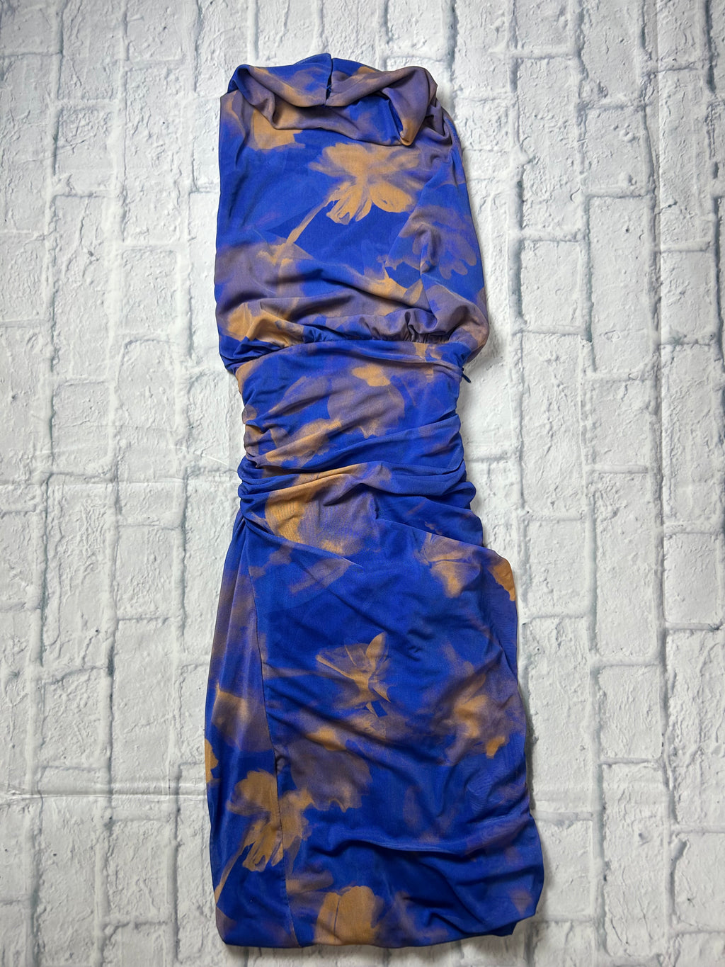 Zara Printed Tulle Halter Draped Dress - Blue Floral - Size XS