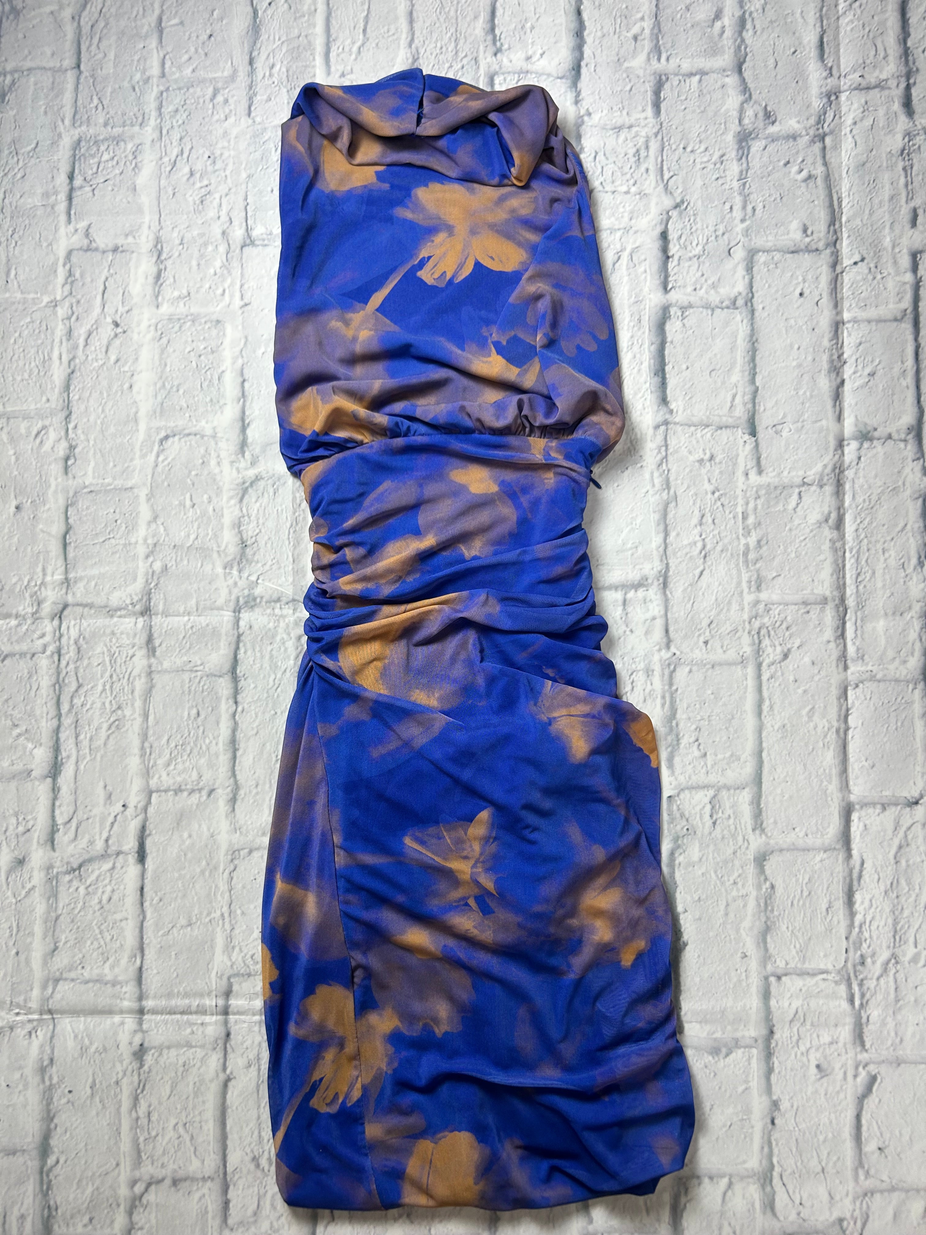 Zara Printed Tulle Halter Draped Dress - Blue Floral - Size XS