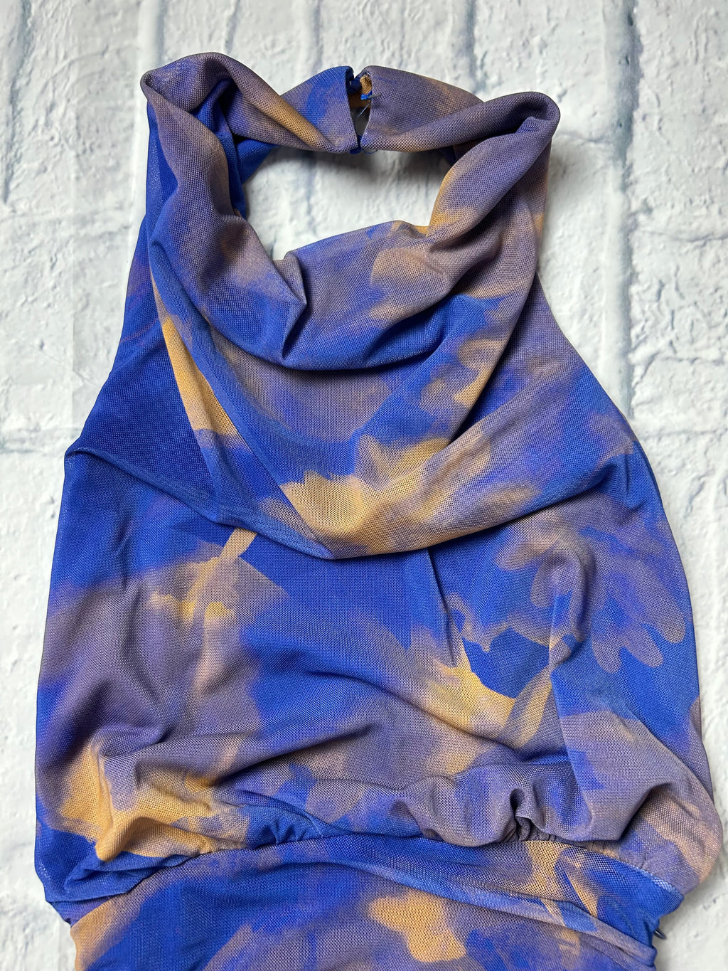 Zara Printed Tulle Halter Draped Dress - Blue Floral - Size XS