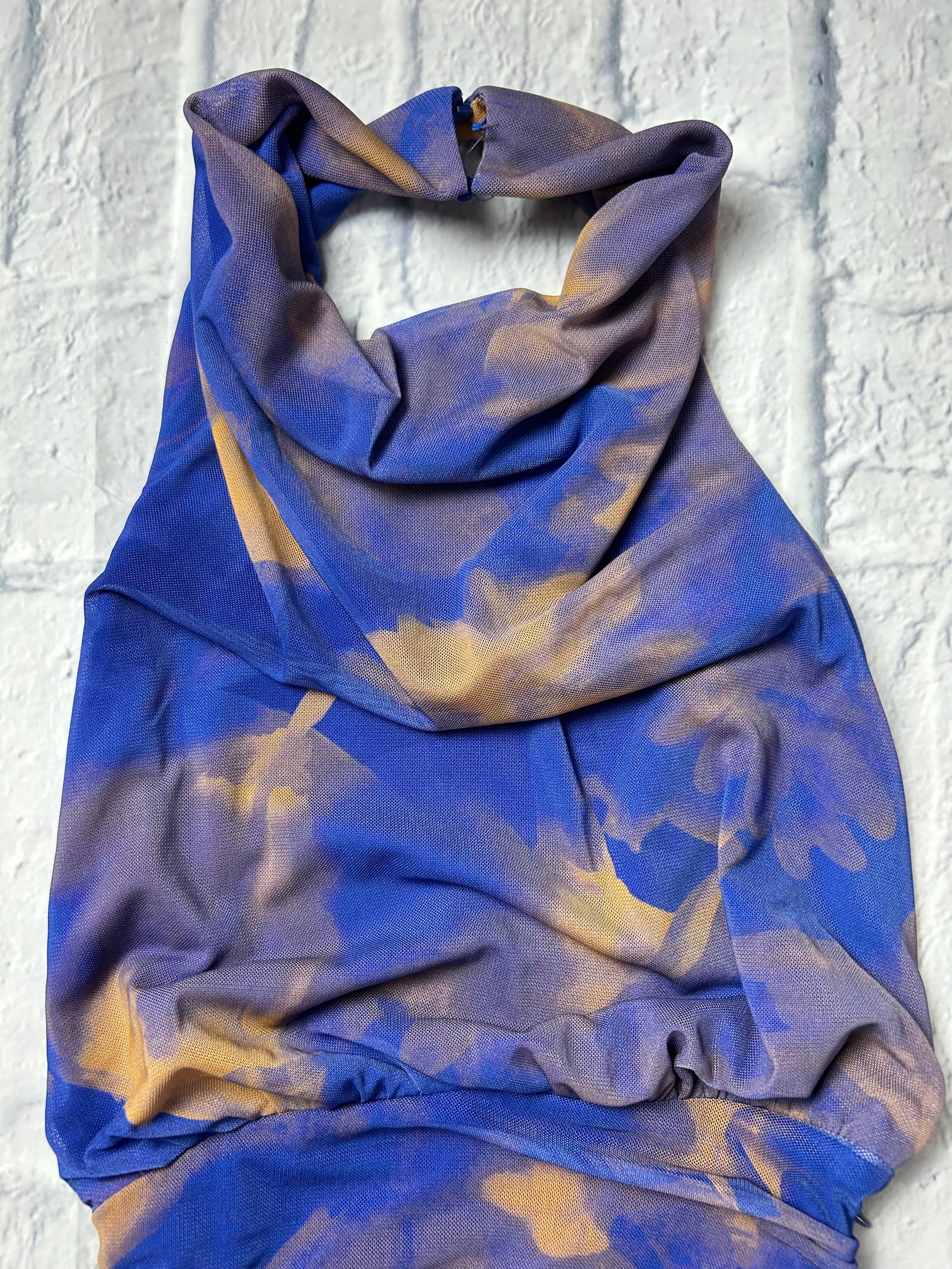Zara Printed Tulle Halter Draped Dress - Blue Floral - Size XS