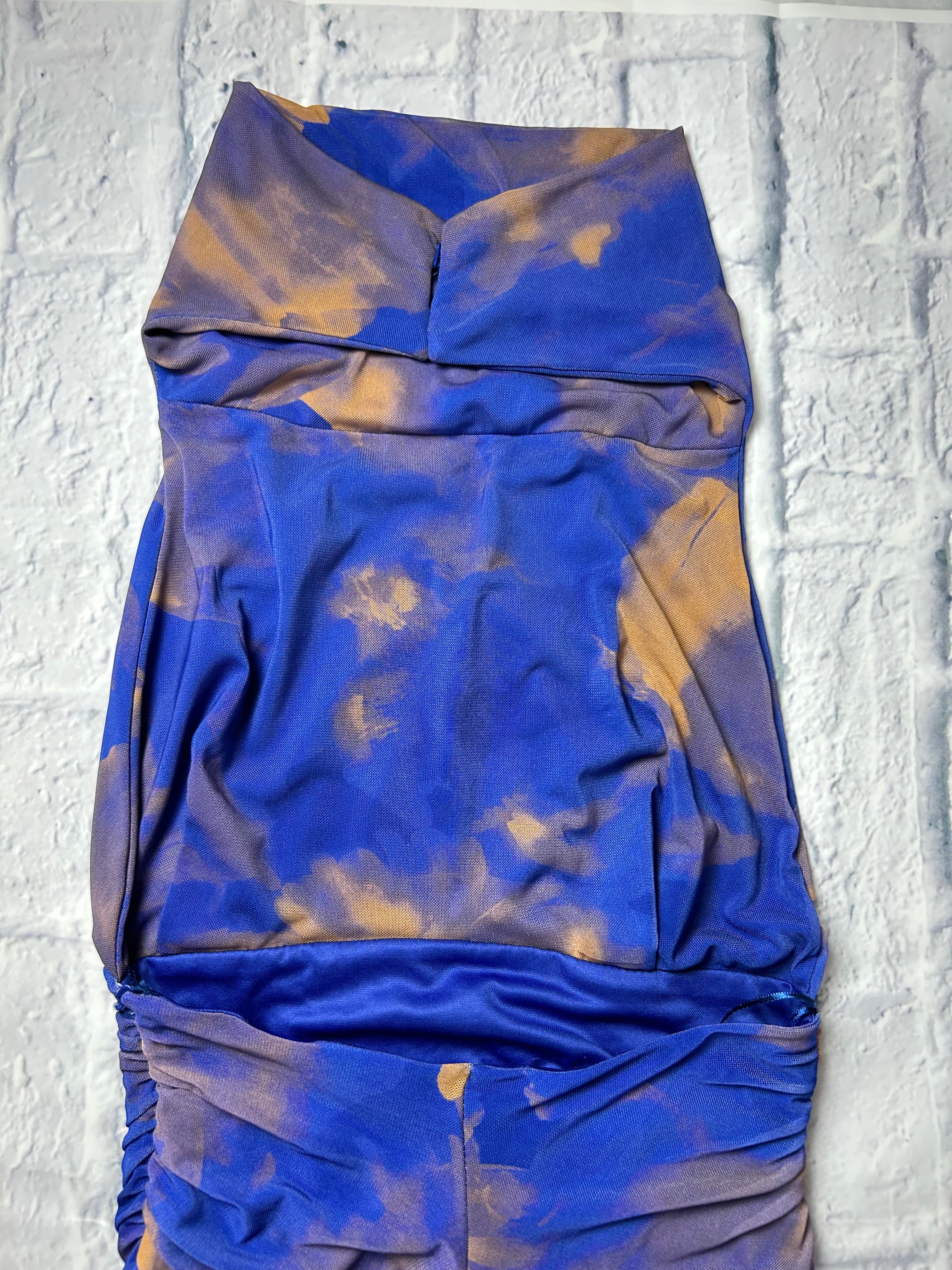 Zara Printed Tulle Halter Draped Dress - Blue Floral - Size XS