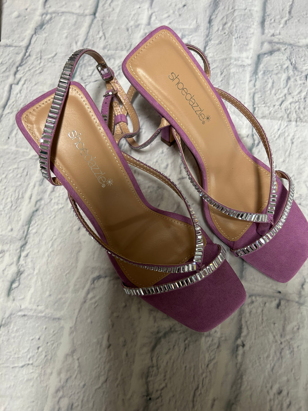 Shoe Dazzle Rhinestone Strappy Block Heels - Lilac - Size 7.5